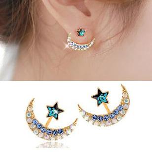 Gold Moon Star Earrings, Gold Ear Cuff, Zircon..