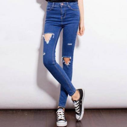 Skinny Ripped Jeans Hole High Waist Pencil Cut Out..