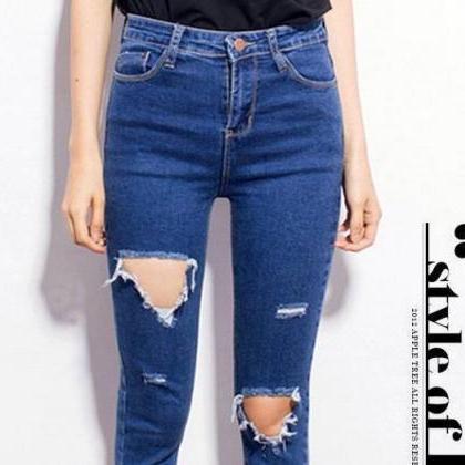 Skinny Ripped Jeans Hole High Waist Pencil Cut Out..