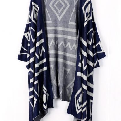 Women Loose Geometric Knit Cardigan Jumper Sweater..
