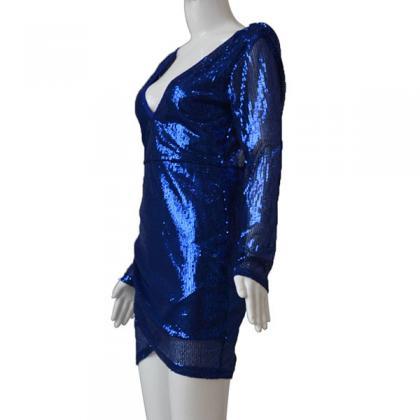 Women Sequin Bodycon V Neck Fashion Long Sleeve Cocktail Party Mini ...