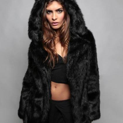 Warm Winter Women Coat Faux Fur Collar Slim Hooded..
