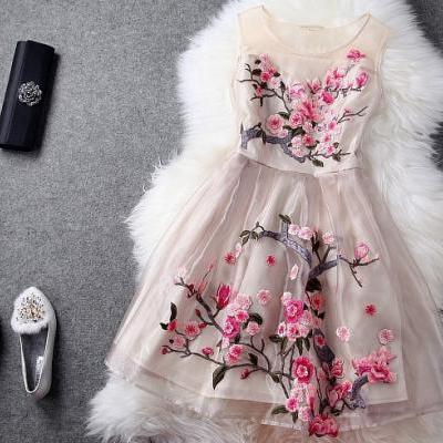 Organza Summer Dress Prom Party Flower Embroidery Casual Dress