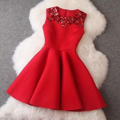 Autumn Winter Dress Red Sleeveless Sequin Mini Party Dresses 