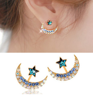 Gold Moon Star Earrings, Gold Ear Cuff, Zircon Gold Earrings
