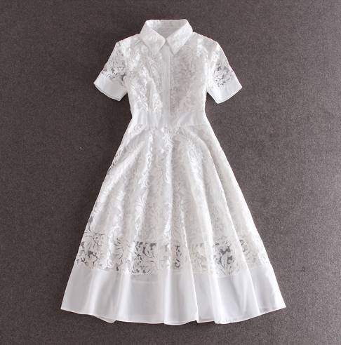 Vintage Square Collar Lace Dress Women Short Sleeve Slim Waist Embroidery Female