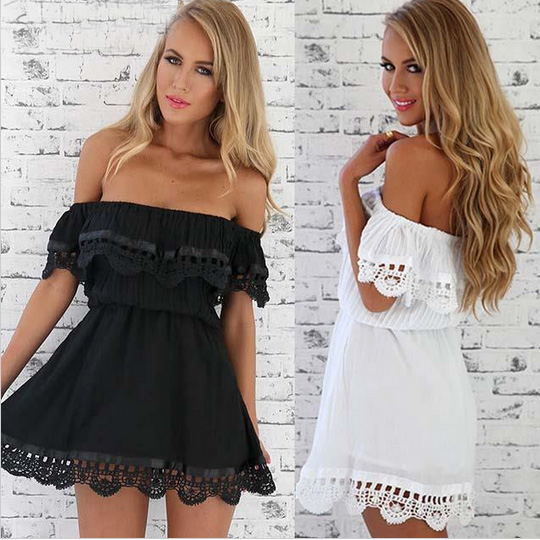 Summer Sexy Women Off Shoulder Mini Beach Dress, Casual Summer Dress, Black And White Dress