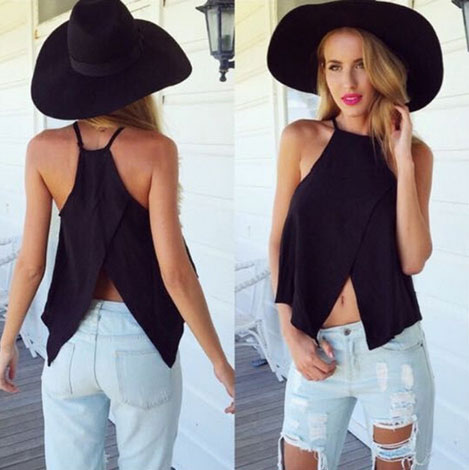 High-neck Halter Crop Top With Front And Back Slits