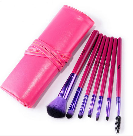 Professional 7 Pcs Makeup Brushes Set Synthetic Hair With Pink Leather Bag