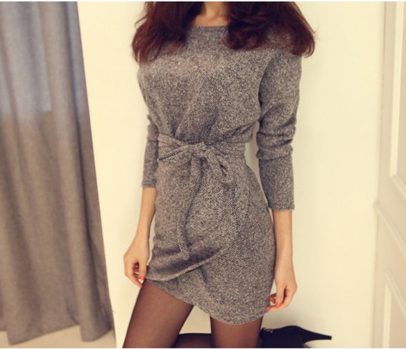 Long Sleeve Casual Jumper Pullover Sweater Wraps Bodycon Belt Dress