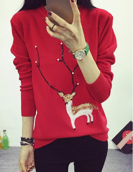 Sweet Deer Women's Round Neck Sequined Fawn Pattern Long Sleeve Sweater