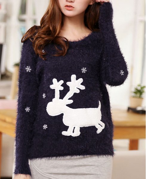 Cute Deer Round Neck Fawn Pattern Long Sleeve Mohair Sweater