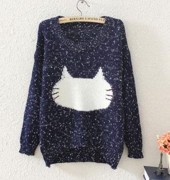Women Autumn Winter Kitty Fashion Style Loose Knitted Top Sweater