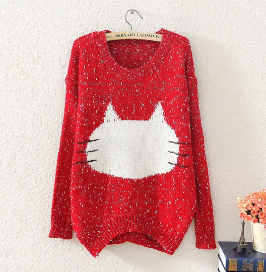 Women Autumn Winter Kitty Fashion Style Loose Knitted Top Sweater on Luulla