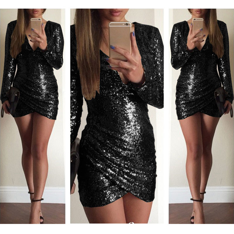 Women Sequin Bodycon V Neck Fashion Long Sleeve Cocktail Party Mini ...