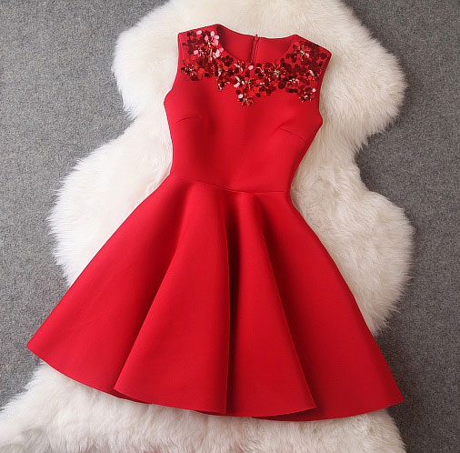 Autumn Winter Dress Red Sleeveless Sequin Mini Party Dresses