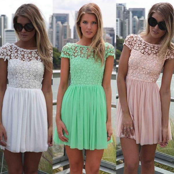 Sexy Lace Chiffon Mini Dress, Summer Dress, Floral Lace Dress on Luulla