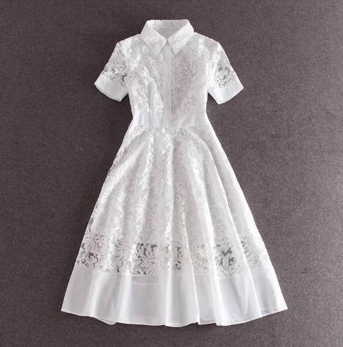 Collar Lace Embroidery Dress, Elegant A-line Casual Short Sleeve Dress ...